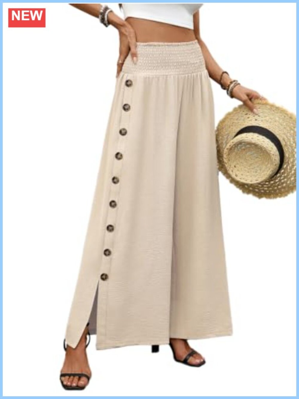 Wide Leg Palazzo Pants with Side Slit, High Waist, Trousers